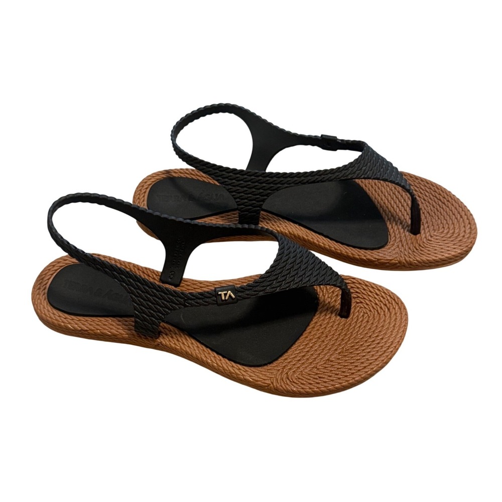 Terra & Agua Havai II Sandals Womens 10 Black Tan Excellent Vegan PVC Slingback
